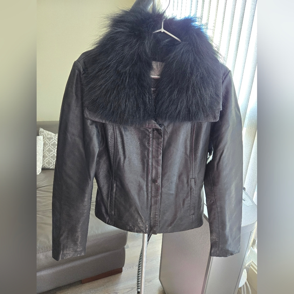 Soia & Kyo Black Leather Jacket with Fur Collar Size M